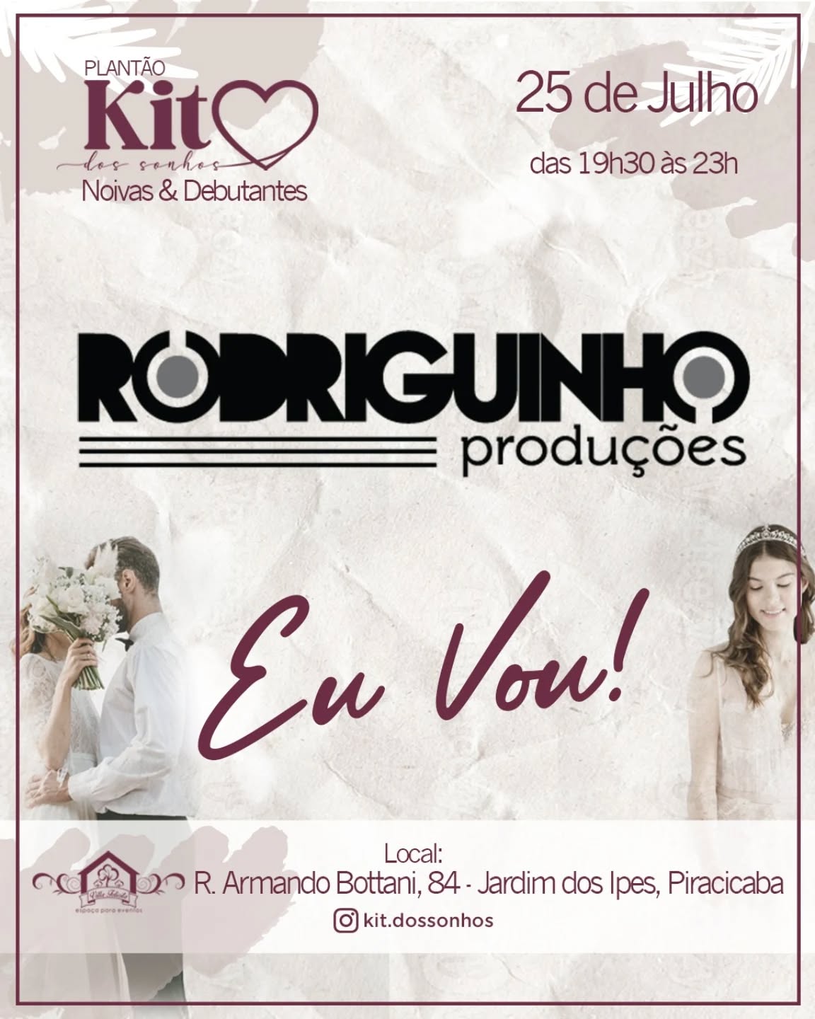 Reserve essa data: 25/07/2025!

Vem aí mais uma edição imperdível do Plantão Kit dos Sonhos!

Tudo o que você precisa para tornar o seu grande dia verdadeiramente inesquecível está aqui. Inspire-se com as tendências mais atuais, planeje cada detalhe com tranquilidade e conheça os fornecedores mais renomados do mercado. Uma experiência única, encantadora e feita sob medida para você!

Para inscrições chama no PV

#noivas  #debutante #weeding #casamento #piracicaba #dj #rodriguinhoproducoes #som #ilumimação #buffet